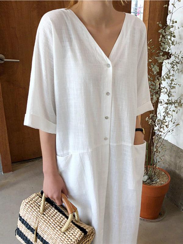 Lovevop Women's Chic V-Neck Single Breasted Loose Fit Casual Dress - Perfect for Office, Party & Everyday Wear