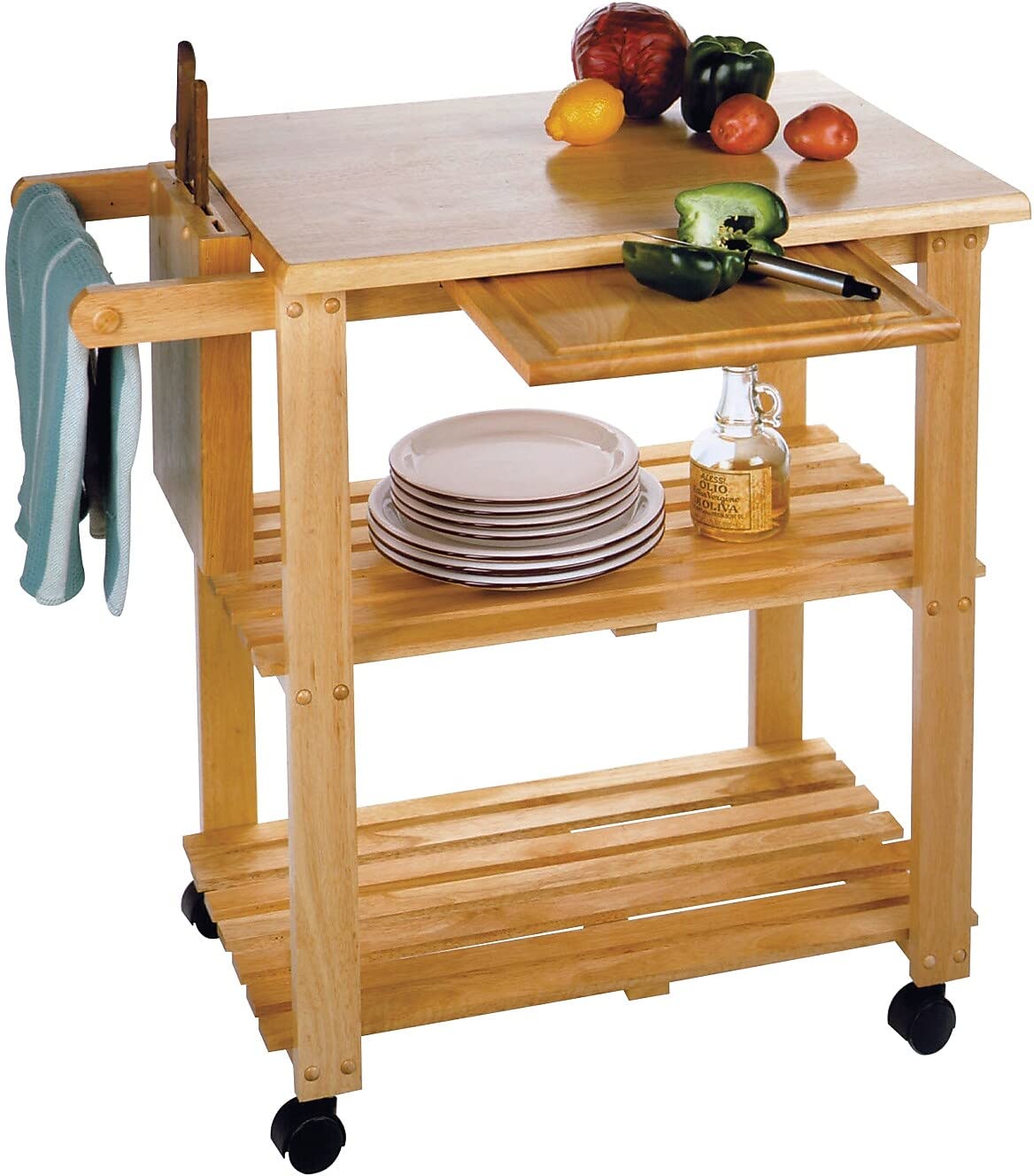 Winsome Wood Kitchen Cart with Cutting Board, Knife Block & Shelves - Solid Beech Wood for Food Prep & Storage | Perfect for Small Kitchens, Pantry Organization & Mobile Cooking Station