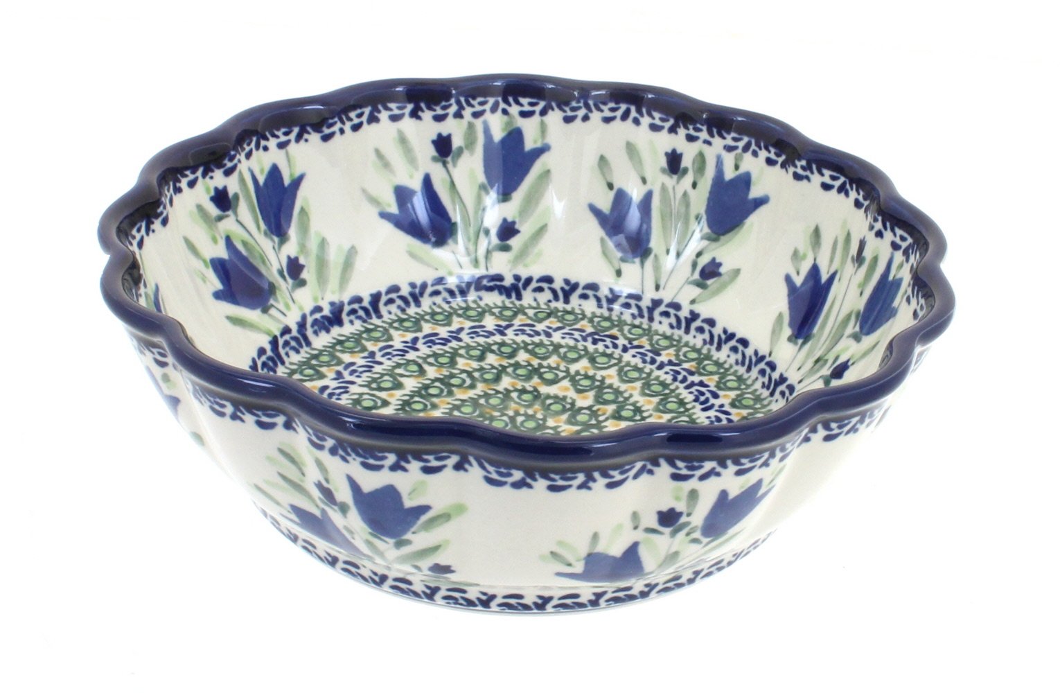 Handmade Blue Rose Polish Pottery Bowl - Medium Scalloped Blue Tulip Design for Dining & Home Decor | Perfect for Soup, Salad, Fruit Serving & Kitchen Display