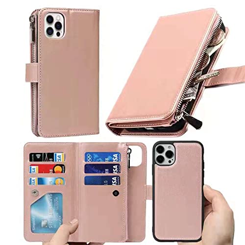 Havaya Detachable Wallet Case for iPhone 13 Pro Max - Flip Folio Zipper Phone Cover with Credit Card Slots & Card Holder (Rose Gold) - Perfect for Work, Travel & Everyday Use for Men & Women