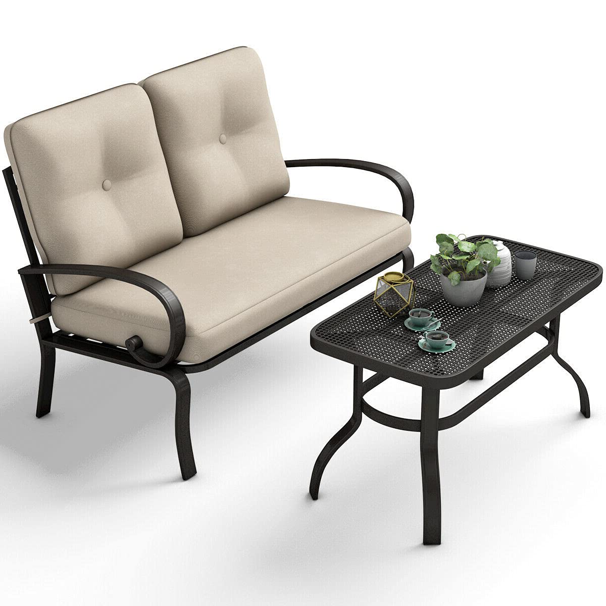 2-Piece Loveseat Coffee Table Set, Outdoor Patio Furniture with Thick Cotton Cushions & Steel Frame - Perfect for Garden, Backyard, Deck, Balcony, Poolside - Ideal for Relaxing, Entertaining, and Outdoor Dining