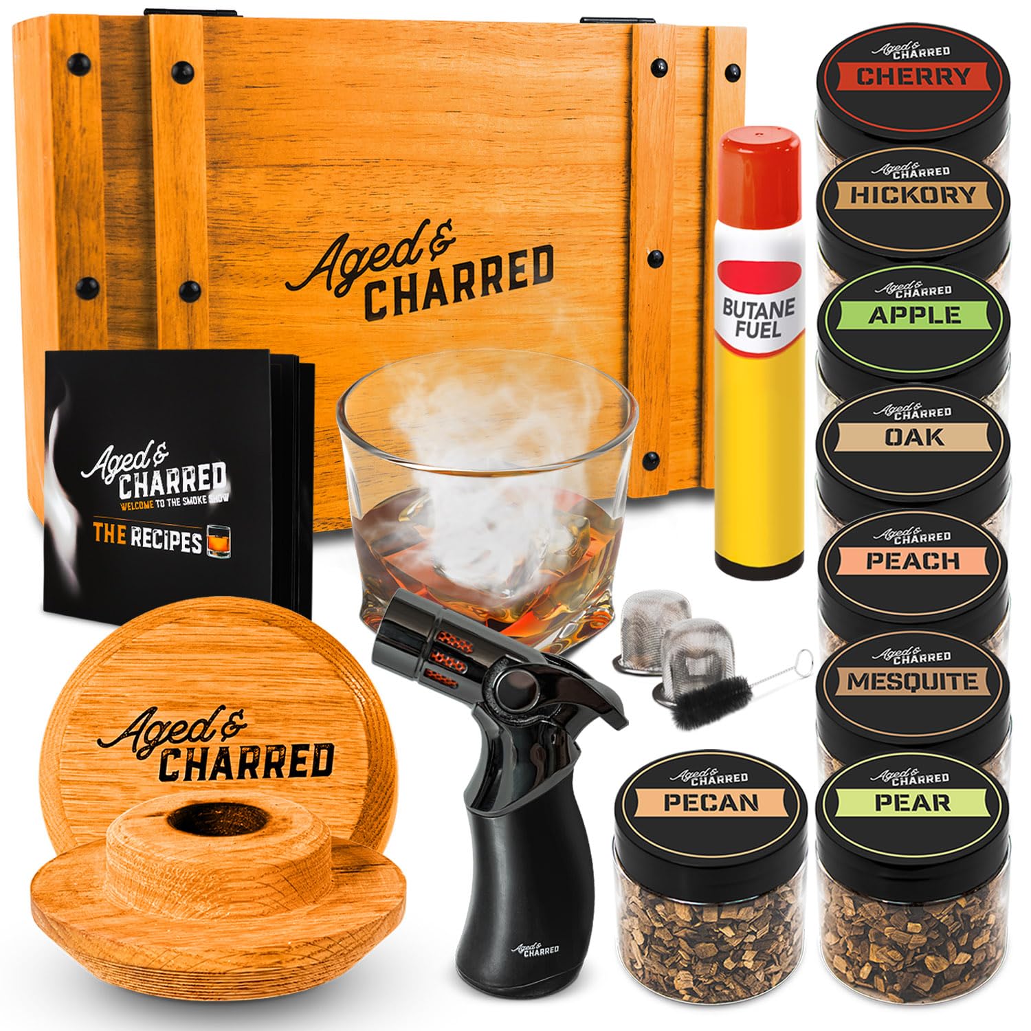 Premium Whiskey Cocktail Smoker Kit with Torch & 8 Flavored Wood Chips - American Oak Cocktail Smoker for Old Fashioned & Bourbon Drinks - Butane Included - Perfect for Home Bars, Gifts for Men & Cocktail Enthusiasts