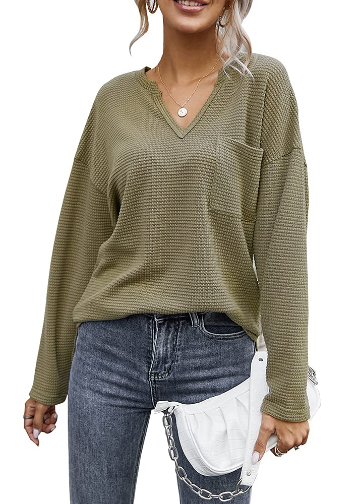 Women's Long Sleeve Waffle Knit V-Neck Blouse with Pockets - Casual Loose Fit Pullover Tunic Top for Fall & Winter | Perfect for Office, Date Night and Weekend Outings