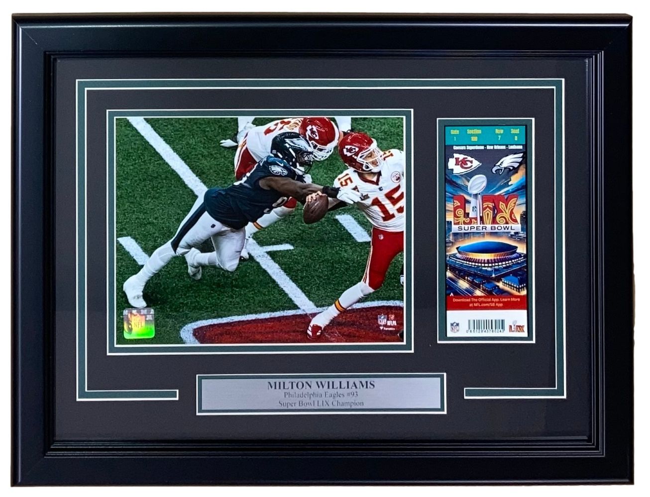 Authentic Milton Williams Framed 8x10 Philadelphia Eagles Super Bowl LIX Mahomes Strip Sack Photo with Replica Ticket - Perfect for Sports Memorabilia Collectors and Eagles Fans Home Decor