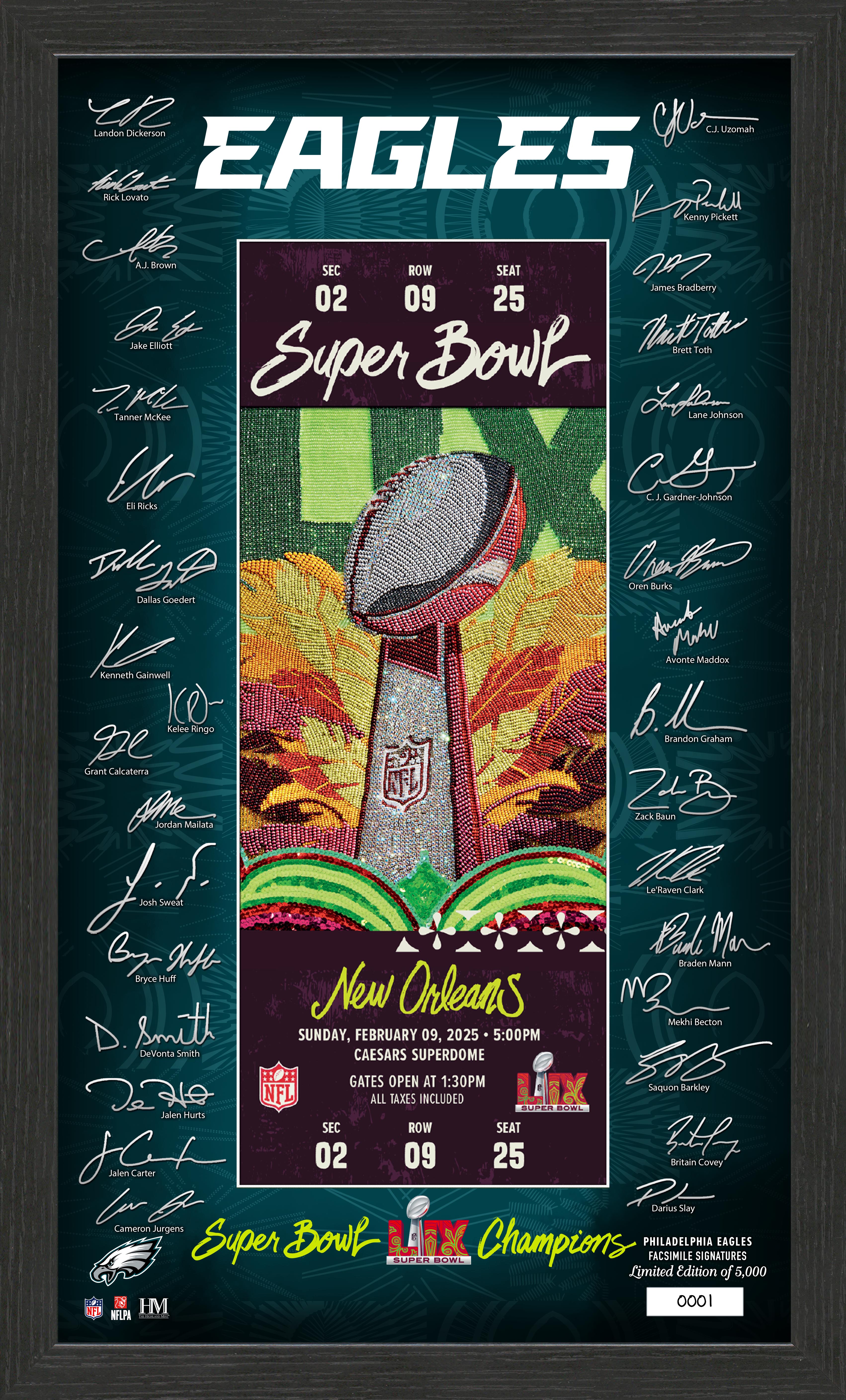 Philadelphia Eagles Super Bowl LIX Champions Autographed Ticket Display Frame - Perfect for Sports Memorabilia Collectors and Eagles Fans Home Decor