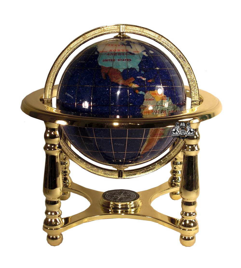 10-Inch Tall Blue Crystallite Ocean Gemstone World Globe with Gold Four Leg Stand - Unique Art Table Top Decoration for Home Office, Living Room, and Gift Giving