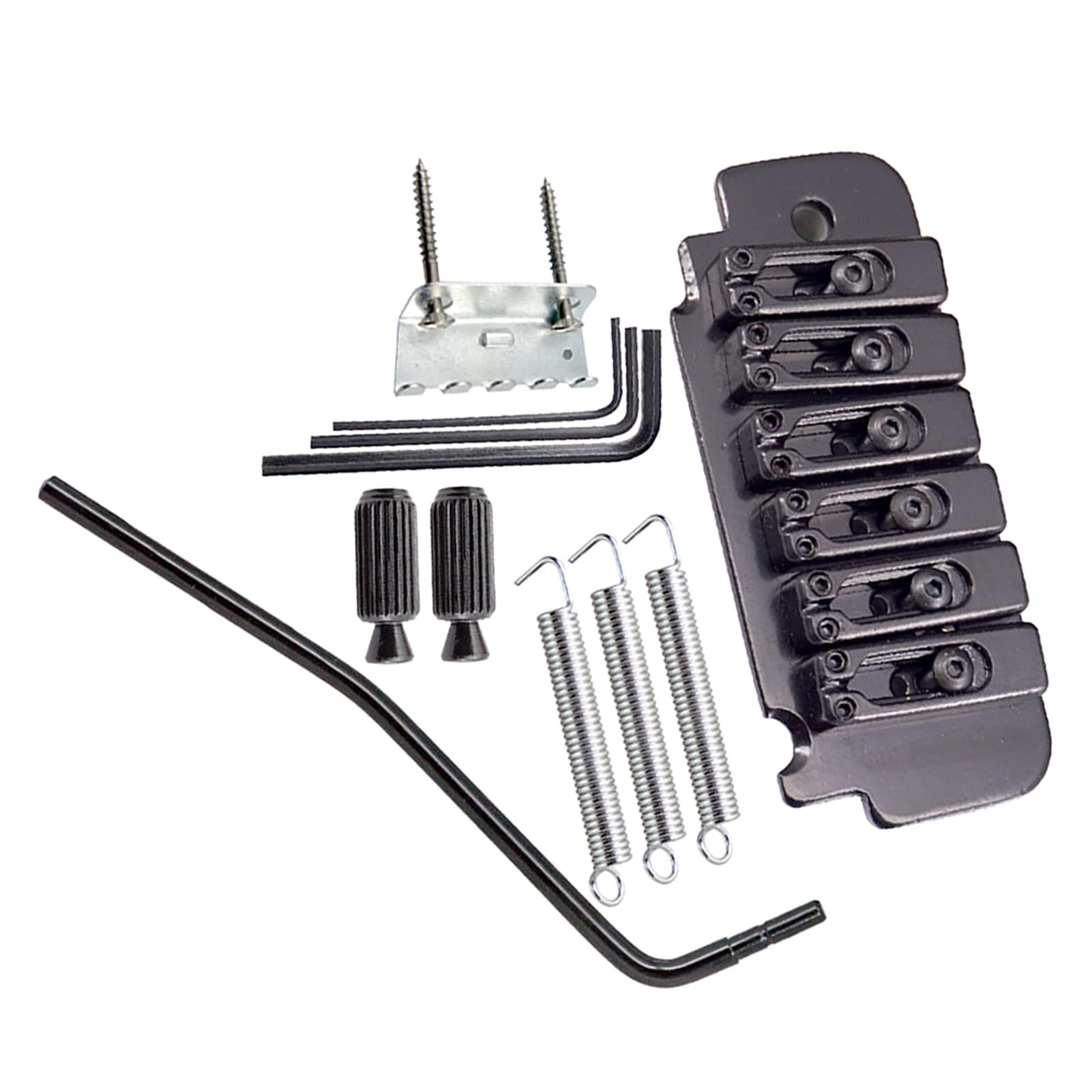 6 String Electric Guitar Roller Saddle Tremolo Bridge System - Black Electric Guitar Bridge with Body Mount Claw, Screws, Wrench & Tremolo Bar Studs - Perfect for Rock, Blues & Metal Guitar Upgrades