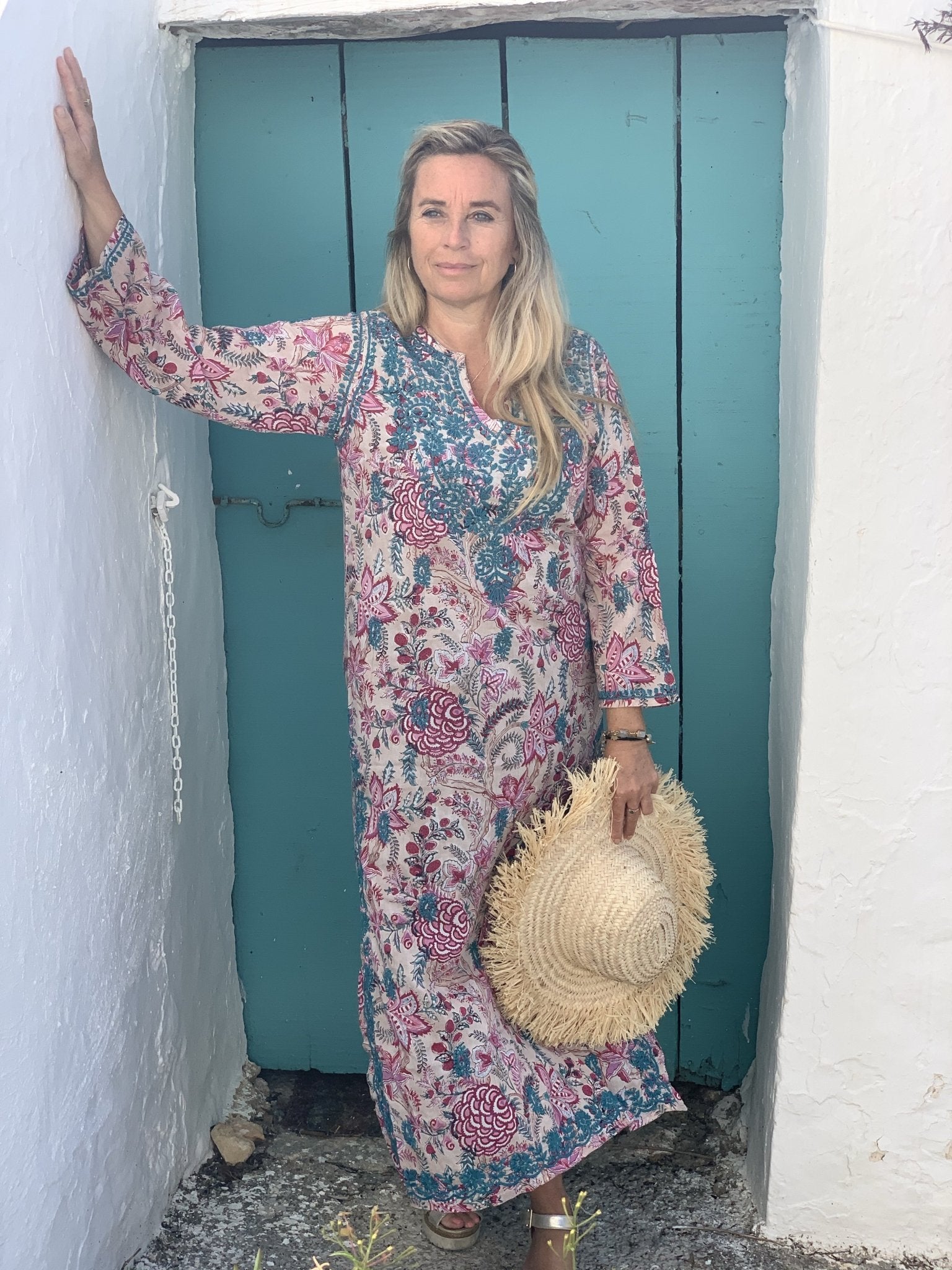 Handmade Turquoise Maxi Kurta - 100% Muslin Cotton with Traditional Block Printing - Perfect for Festivals, Weddings & Boho Fashion