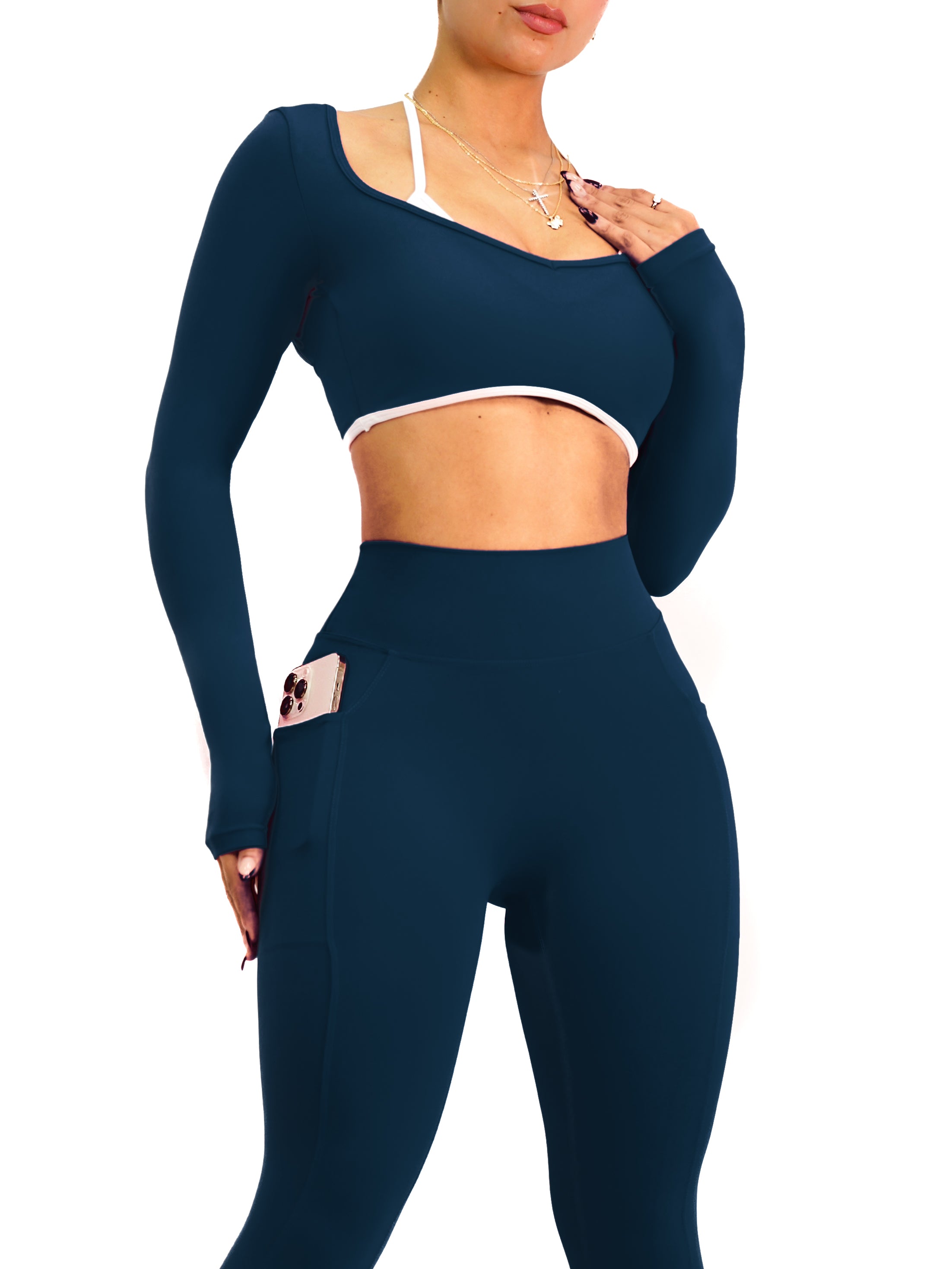 **Stylish Long Sleeve Workout Top for Women - Navy Blue - Perfect for Yoga, Running & Gym**