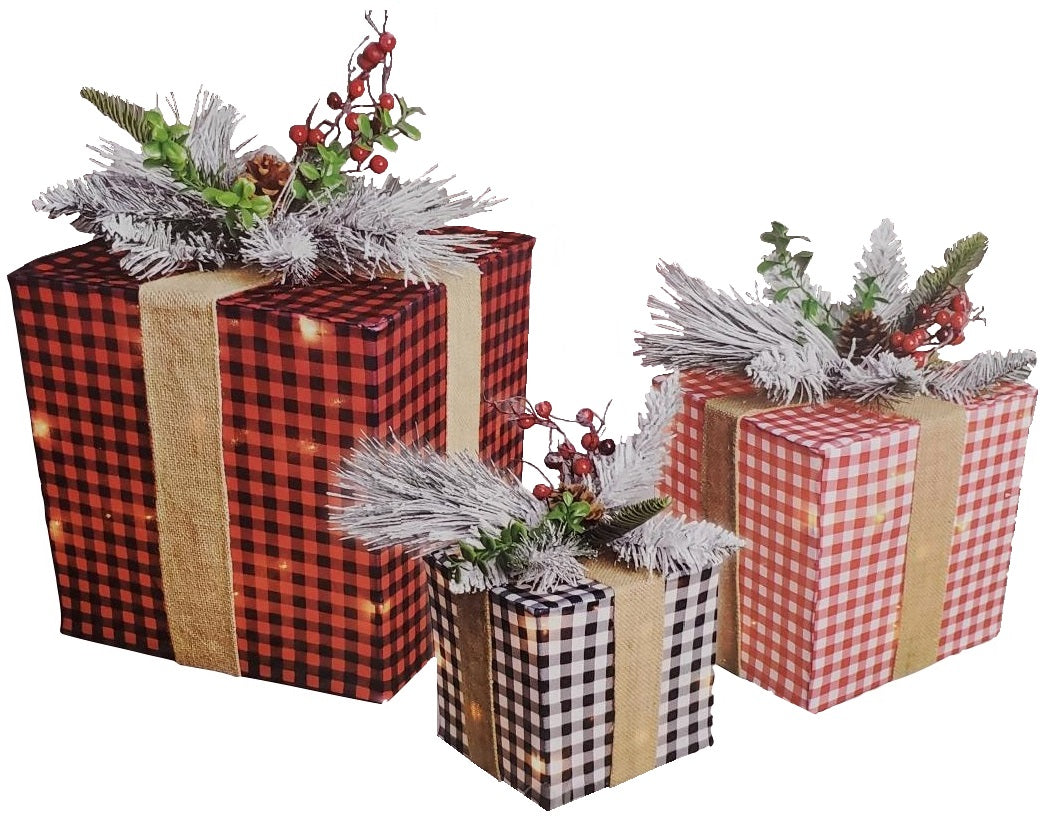 3 Piece Lighted Plaid Gift Box Decorations - Christmas Holiday Home Decor, Party Favors & Wedding Table Centerpieces - Battery Operated LED Decor for Festive Celebrations