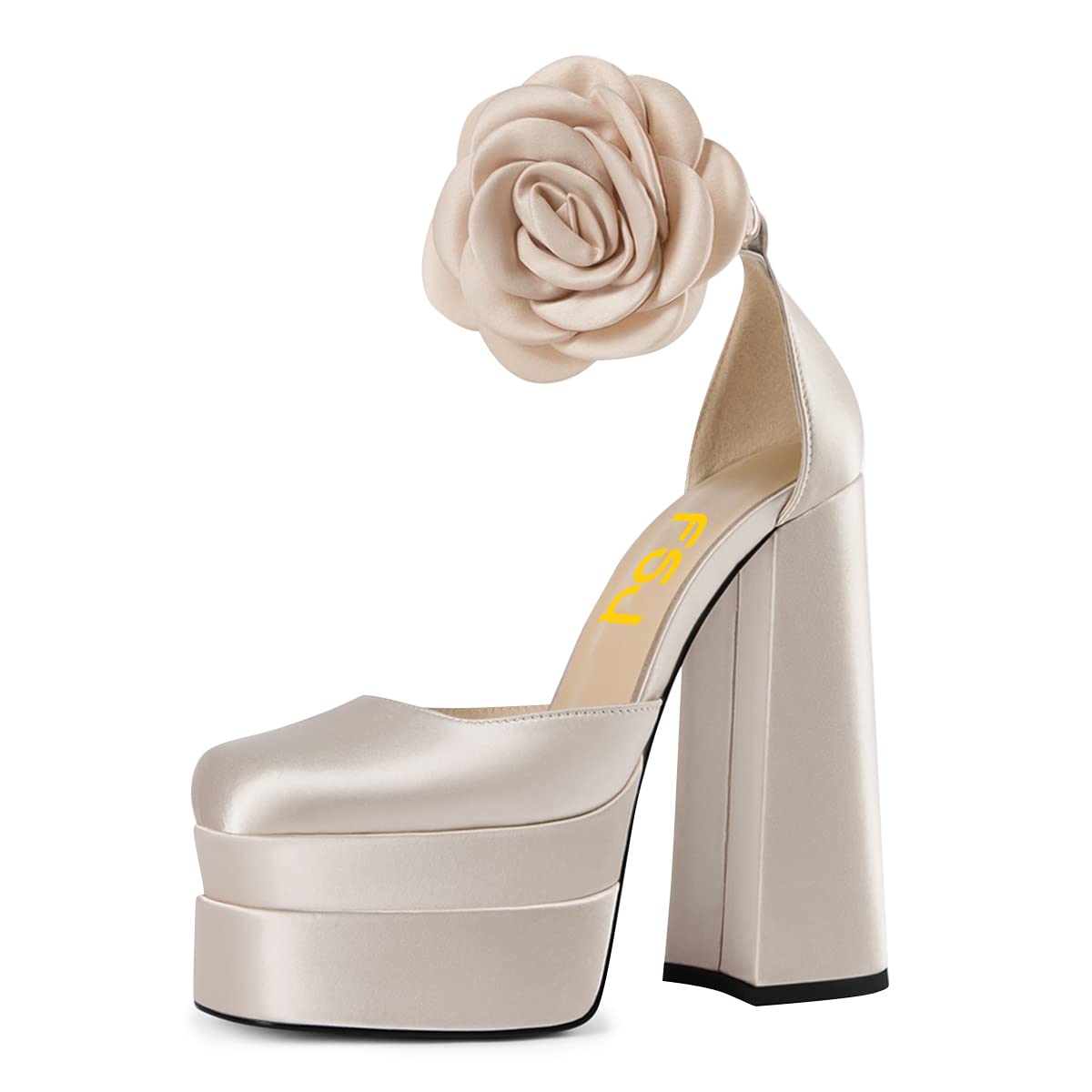 FSJ Women's High Platform Chunky Heel Ankle Strap Sandals - Square Toe Satin Dress Shoes for Club Party & Evening Wear (US Size 4-15) | Comfortable Wedding, Prom & Special Occasion Pumps