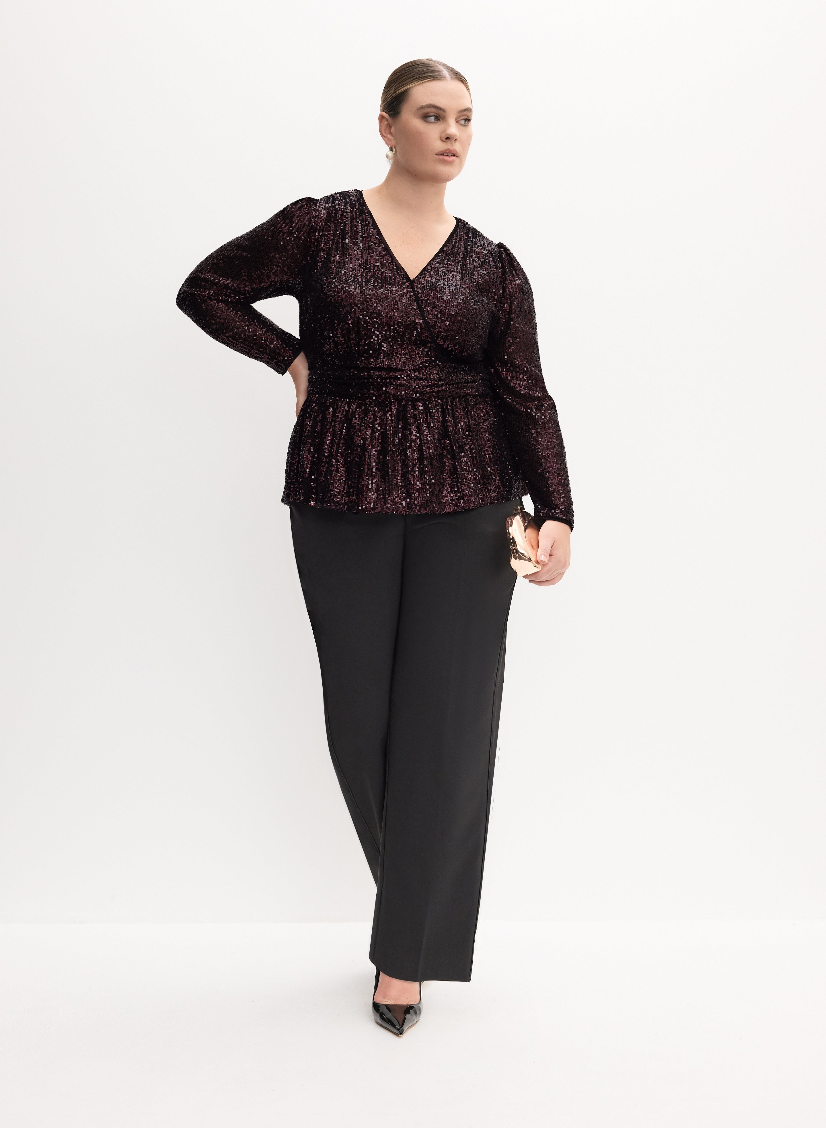 Sparkly Crossover Sequin Top & Slim Straight Leg Pants Set - Women's Party Outfit for Night Out, Club Wear, and Special Occasions