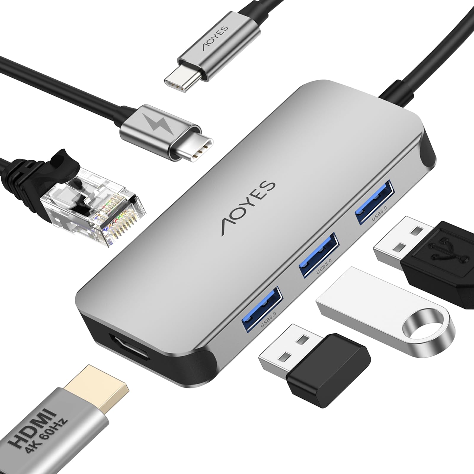 6-in-1 USB C Hub with HDMI 4K@60Hz, Ethernet, 100W PD & 3 USB 3.0 Ports - Compatible with MacBook Pro/Air, iPad, Surface Pro, XPS - Perfect for Work, Travel & Home Office Connectivity