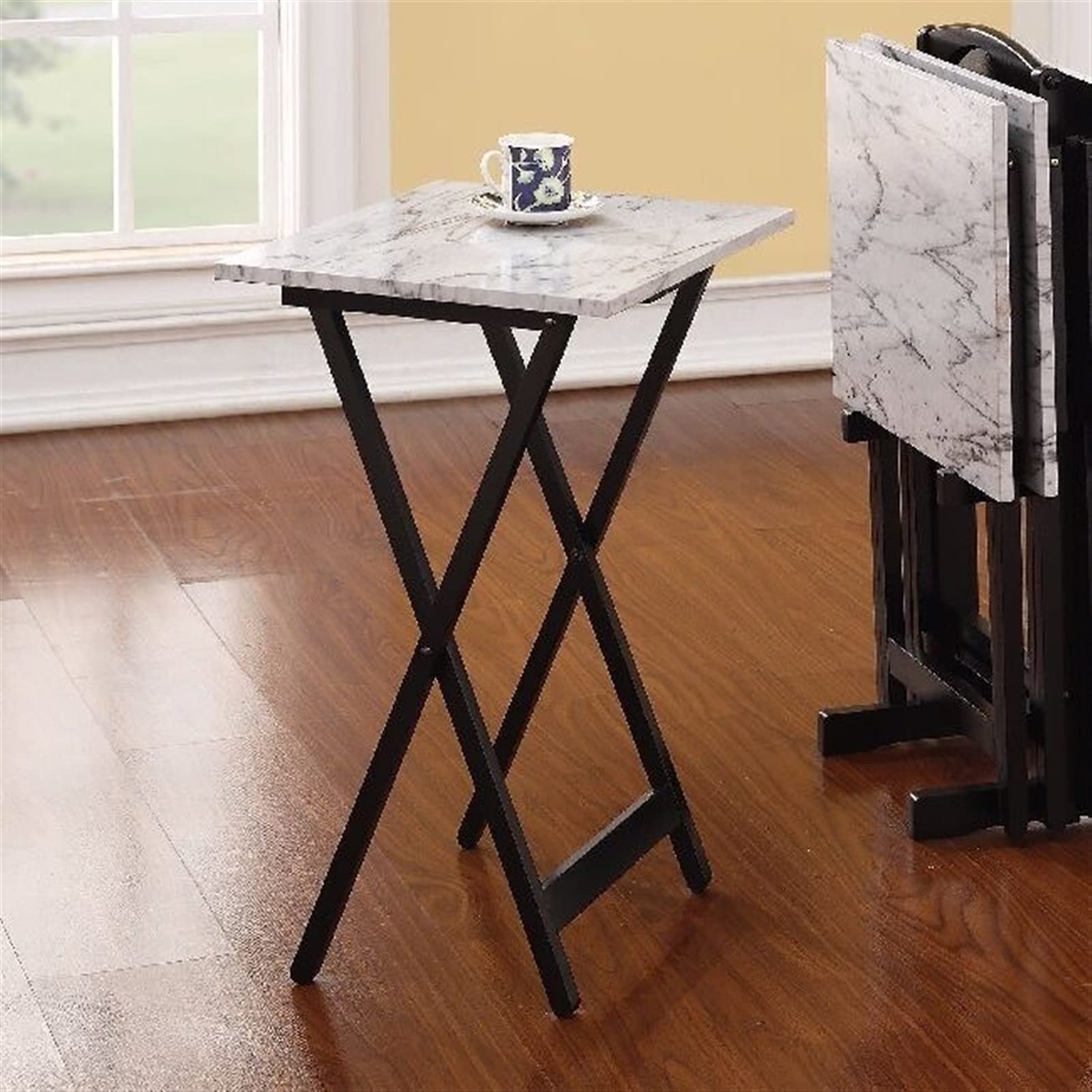 5-Piece Folding Tray Table Set - White Faux Marble Snack & Laptop Stand for Living Room, Bedroom, Office | Portable Coffee Side Table with Storage Space | Perfect for Small Spaces, TV Dinners & Home Decor