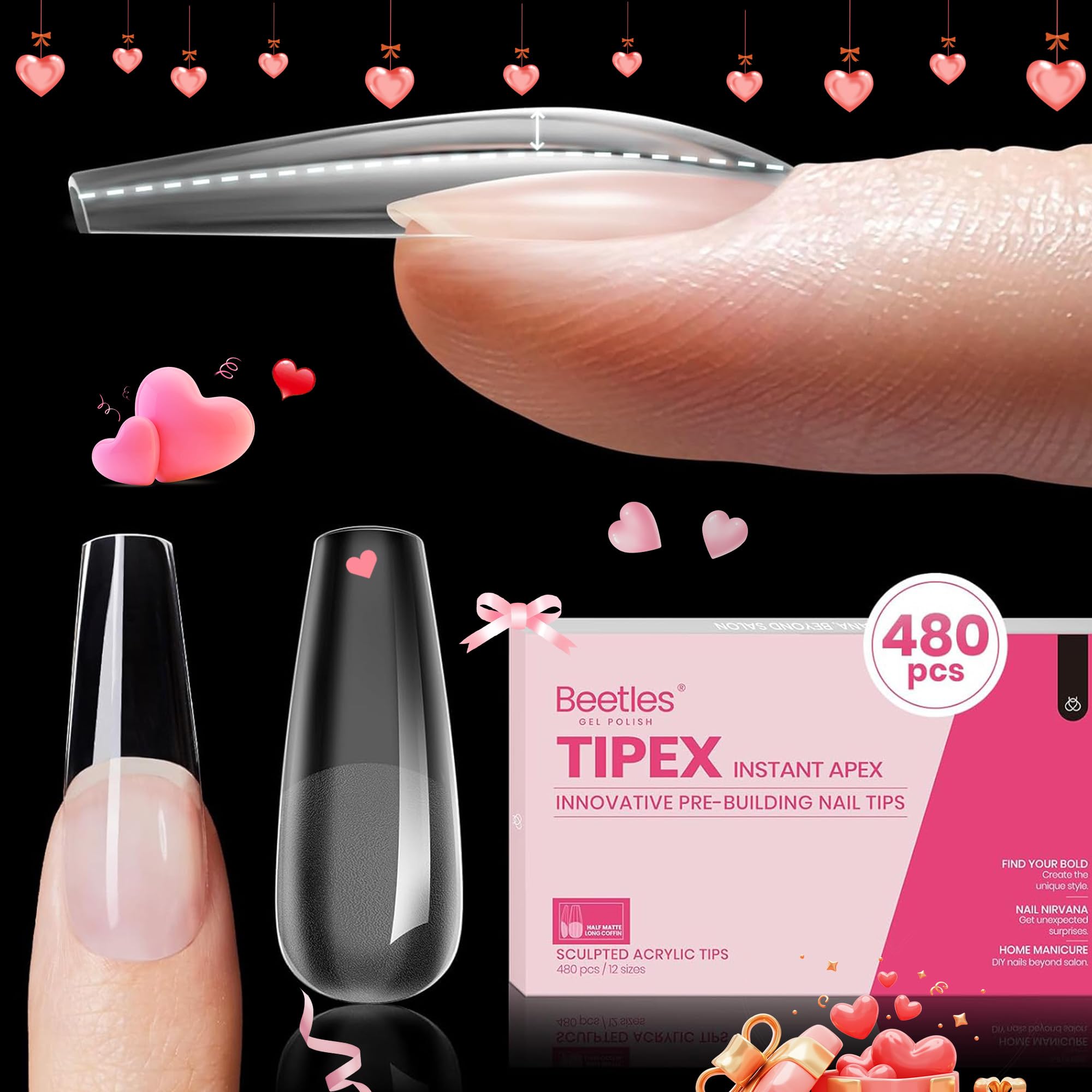 Beetles Tipex Instant Apex Nail Tips - 480Pcs Pre-Built & Pre-Etched Gel Nail Extensions | Durable Thick Clear Acrylic Full Cover Long Coffin Fake Nails for Flat Nails | Perfect for Salon, DIY Manicures & Nail Art Designs