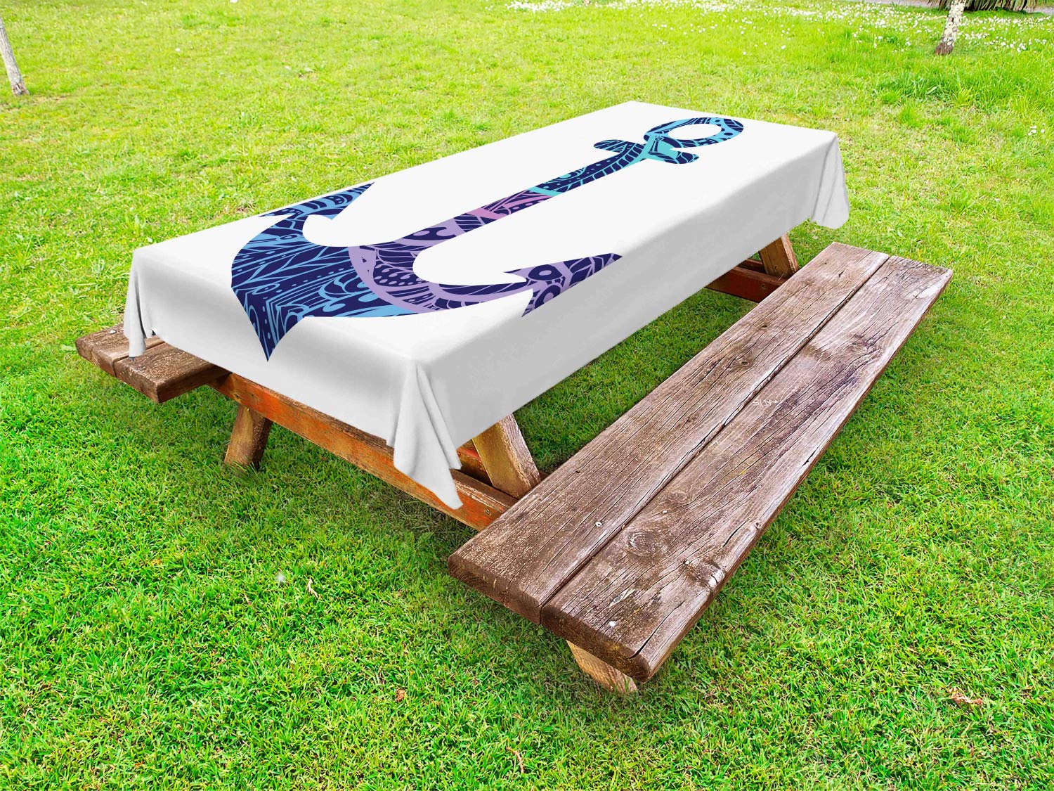 Ambesonne Waterproof Outdoor Tablecloth - Anchor Marine Design, Blue and Purple Oceanic Art Print, 58