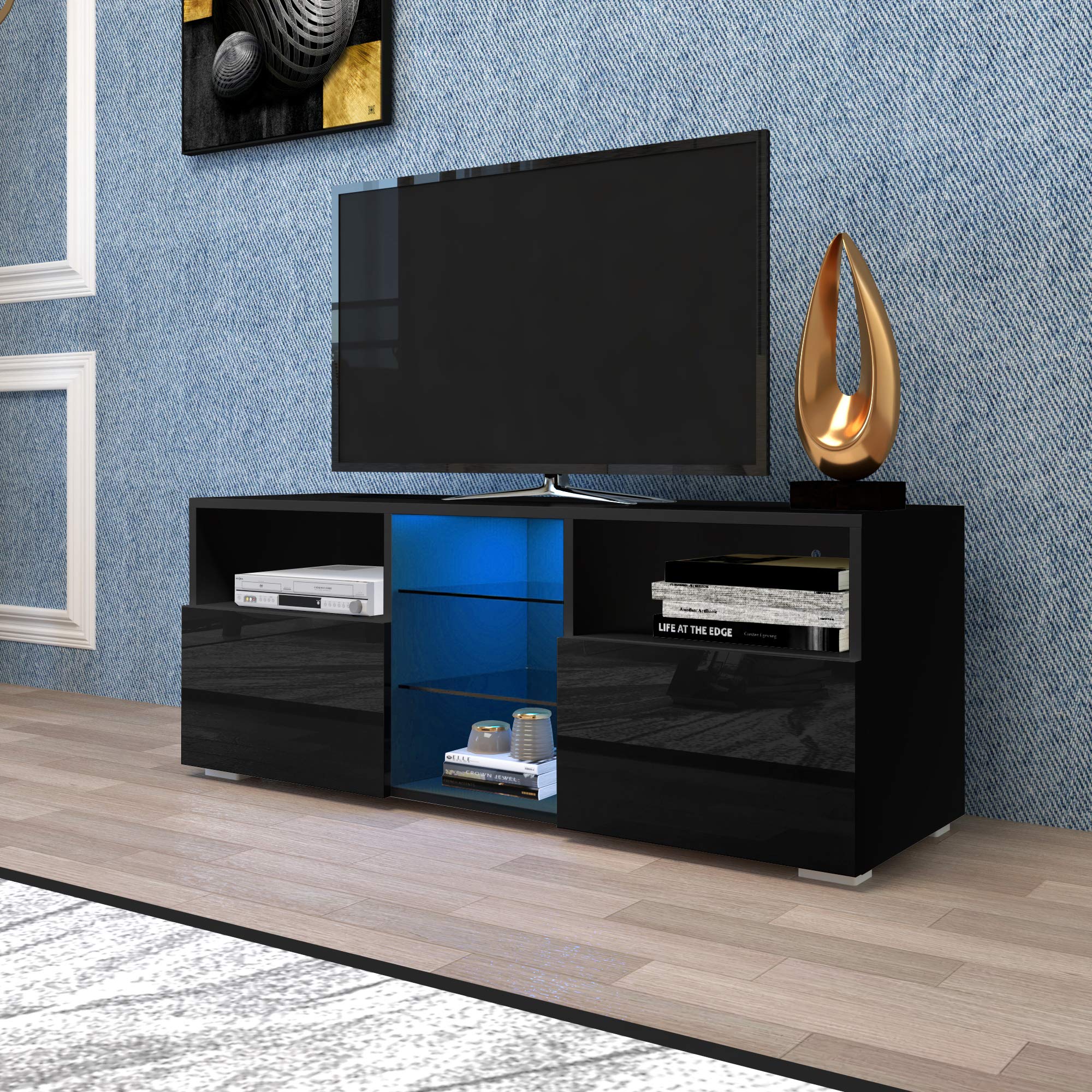 Minimalist Modern High-Gloss Black TV Stand with LED Lights - Entertainment Center for Living Room, Bedroom & Home Theater