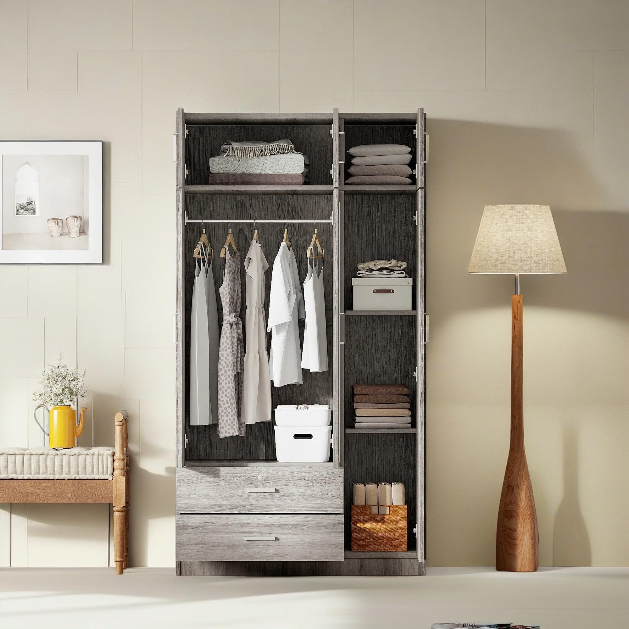 Modern 3-Door Wardrobe with Drawers & Shelves - Freestanding Closet Organizer for Bedroom & Home Storage (Grey)