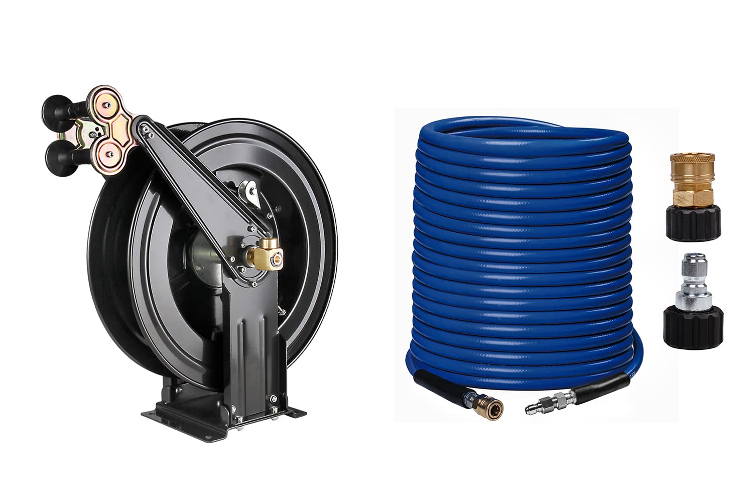 4000 PSI 50ft Pressure Washer Hose Reel with 4500 PSI 50' High Pressure Hose - Heavy Duty Commercial & Residential Use for Car Washing, Deck Cleaning, Driveway Pressure Washing