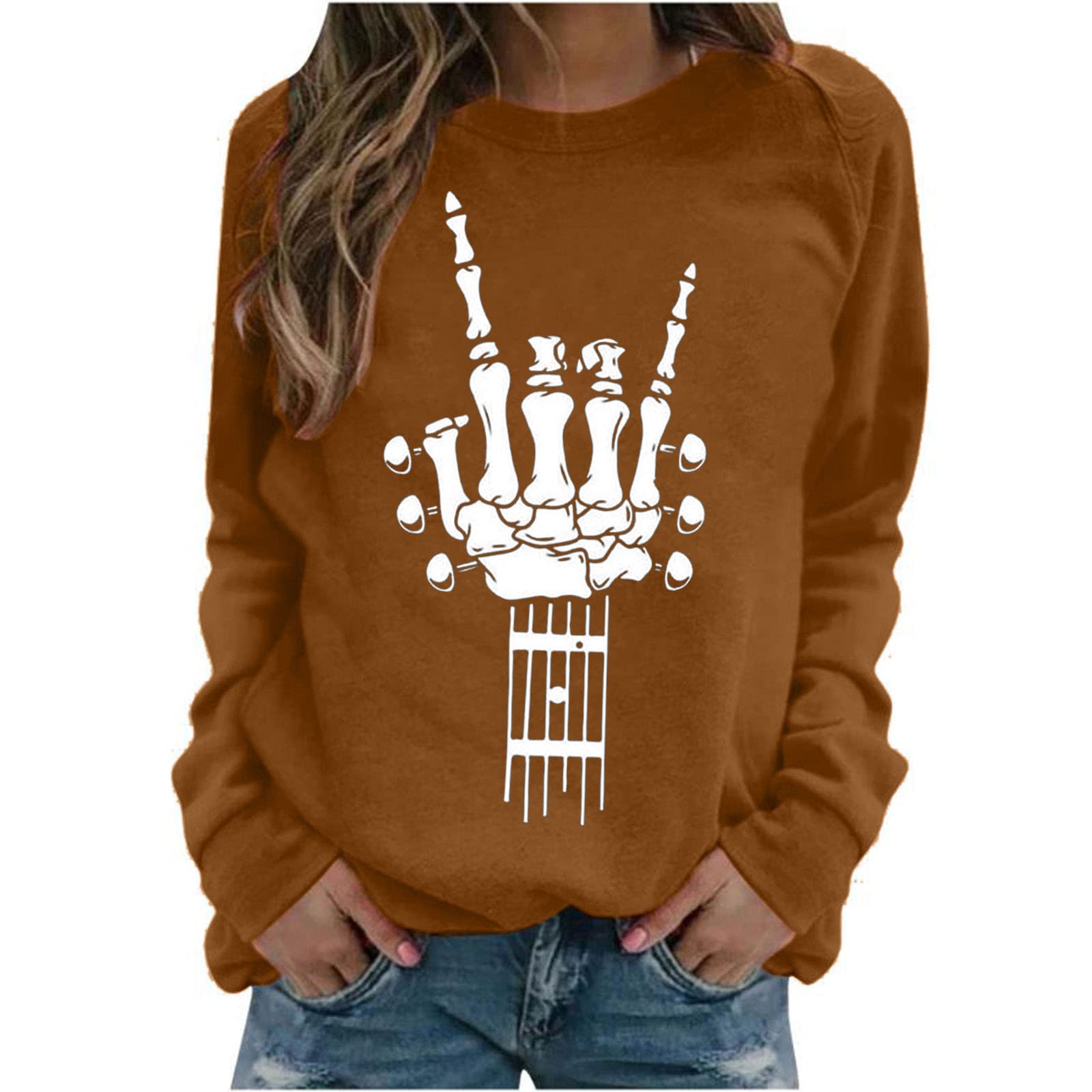 Funny Halloween Tops for Women - Skeleton Rose Graphic Printed Long Sleeve Crew Neck Loose Fit Blouse | Cute Fall Outfits & Spooky Party Costume Ideas