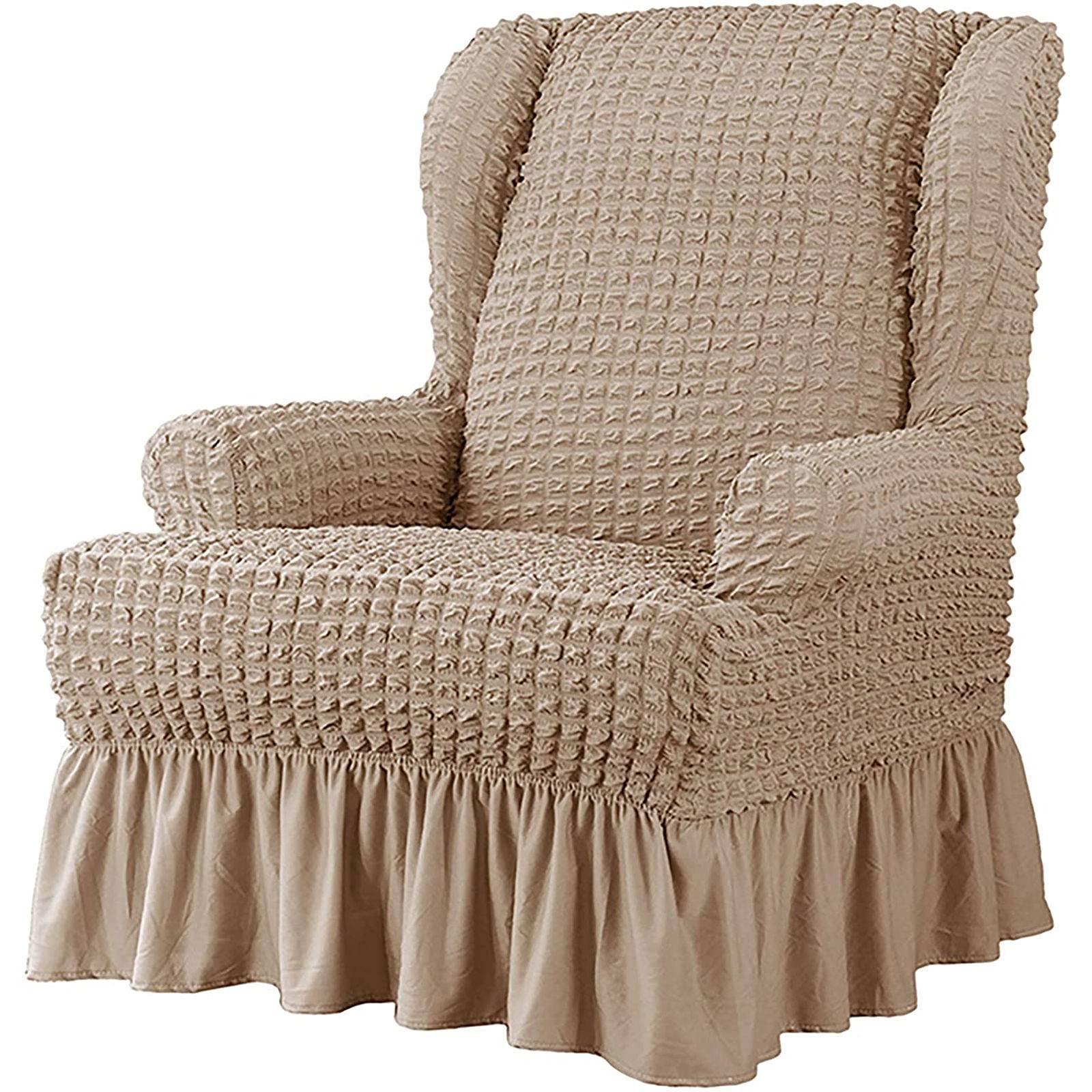 Stretch Wing Chair Slipcover - Seersucker Wingback Chair Cover with Skirt, Non-Slip Elastic Armchair Slipcover, Furniture Protector for Living Room (Oatmeal) - Perfect for Home Decor, Sofa Protection & Comfortable Seating