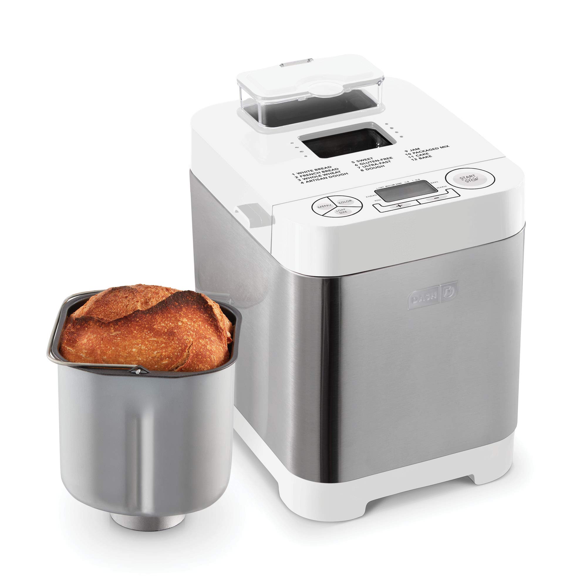 Dash Everyday Stainless Steel Bread Maker - 1.5lb Loaf Capacity, 12 Programmable Settings, Gluten-Free Option & Auto Dispenser | Perfect for Homemade Bread, Artisan Loaves & Gluten-Free Baking (White)