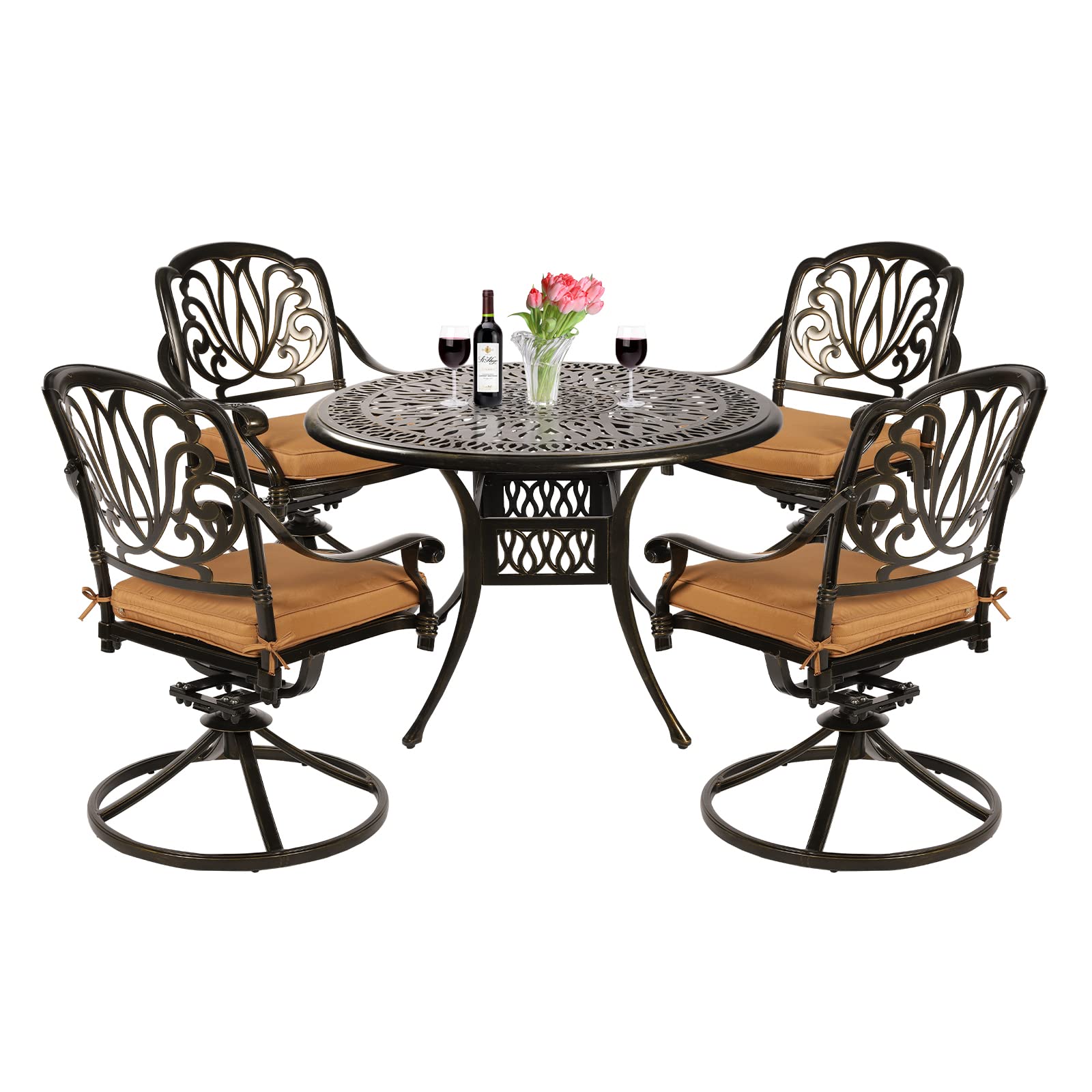 VIVIJASON 5-Piece Outdoor Patio Dining Set - All-Weather Cast Aluminum Conversation Set for Balcony, Lawn & Garden - Includes 4 Swivel Chairs & 35.4