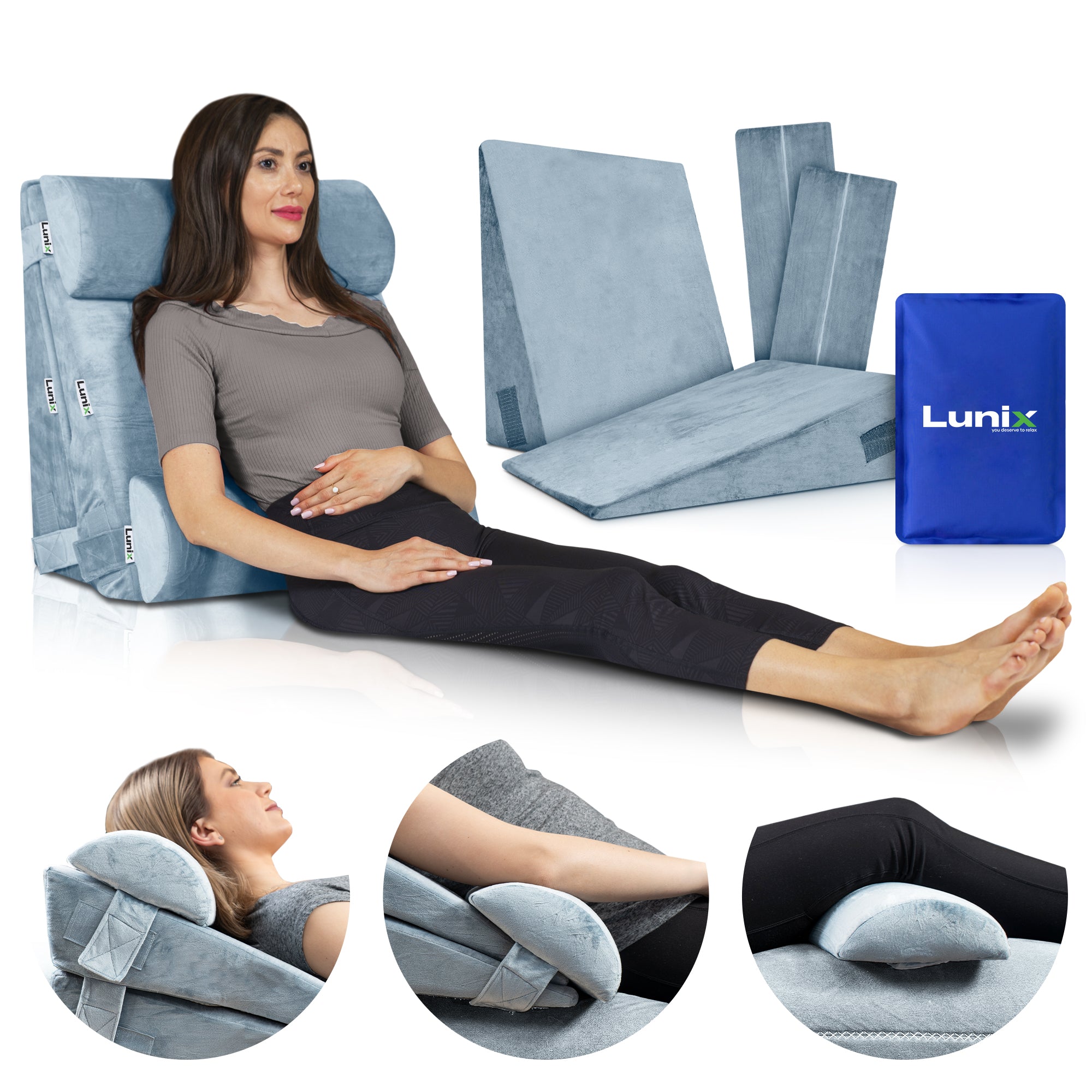 LX8 2-Layer Orthopedic Wedge Pillow Set with Hot & Cold Pack (Gray) - Relieves Back Pain, Neck Support for Sleeping, Post-Surgery Recovery & Pregnancy Comfort