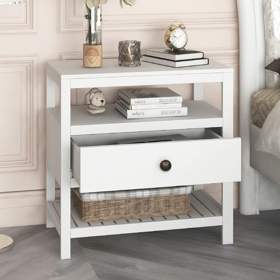 Modern Solid Wood Nightstand with Storage Drawers & Shelves for Bedroom
