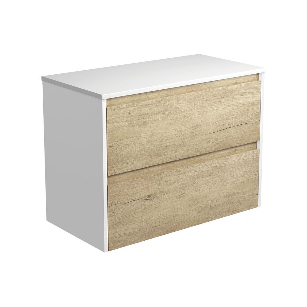Fienza 90BSW Amato 900 Wall Mounted Bathroom Vanity Cabinet - Satin White Panels with Scandi Oak Finish - Modern Storage Solution for Small Bathrooms & Powder Rooms