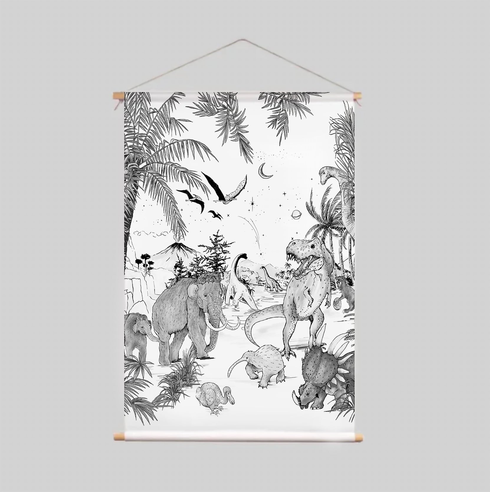 Prehistoric Black and White Textile Poster - Perfect for Home Decor, Office Wall Art & Dinosaur Theme Room