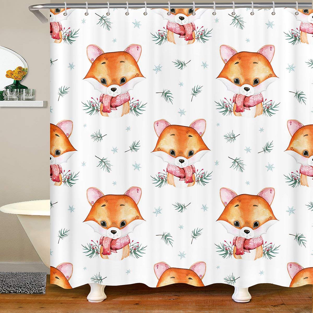Cartoon Fox Shower Curtain - Waterproof Animal Theme Bath Curtain for Bathtubs & Stalls, Woodland Fox Design with Tropical Leaves Nature Decor, 72x72 Inches - Perfect for Kids Bathroom, Nursery or Forest-Themed Home Decor