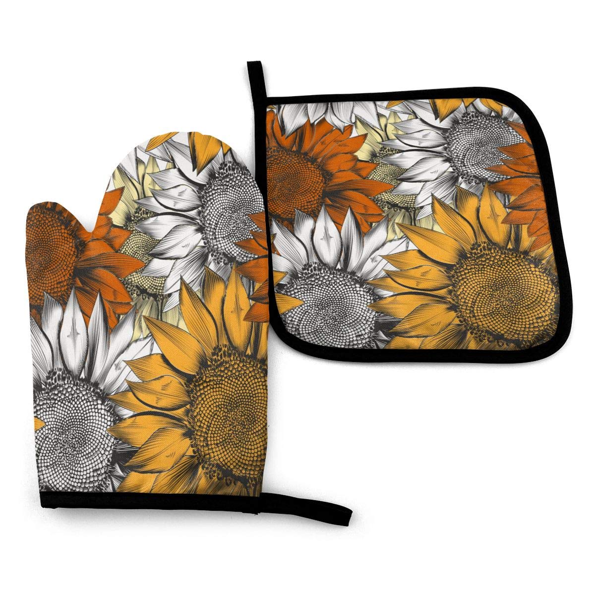 Foruidea Heat Resistant Sunflower Oven Mitts & Pot Holders Set - Machine Washable Kitchen Gloves for Baking, BBQ, Grilling & Cooking - Perfect for Home, Restaurant & Outdoor Use (2-Piece Set)