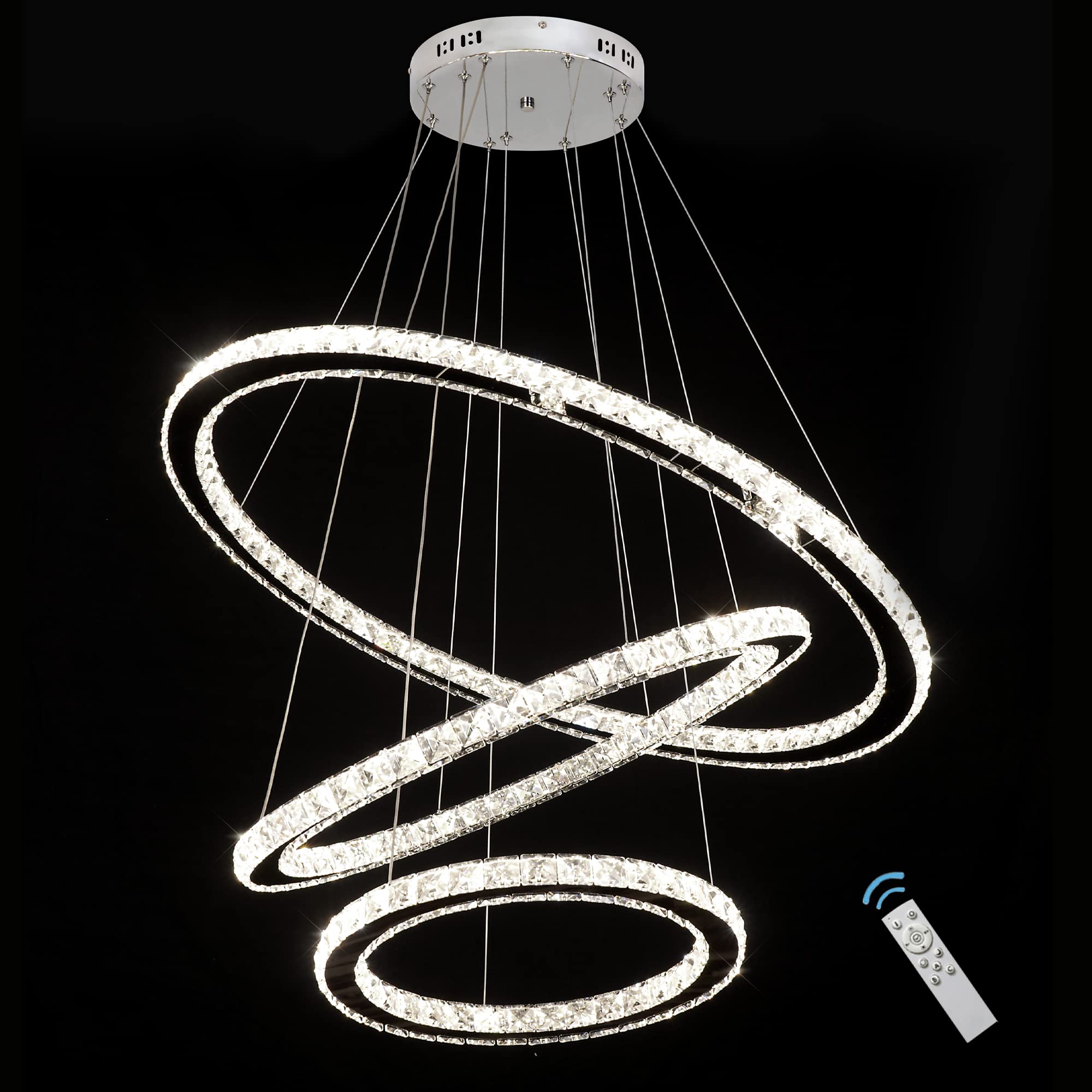 MEEROSEE Modern Crystal Chandelier - 3 Ring Dimmable LED Ceiling Light Fixture with Adjustable Stainless Steel Cable - Elegant Dining Room Pendant Lighting for Home, Restaurant and Wedding Venue Decoration