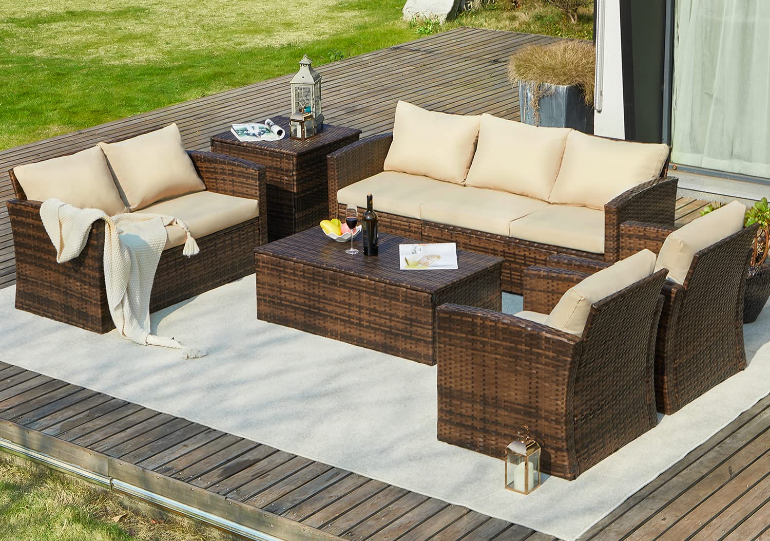 AECOJOY 7-Piece Outdoor Patio Furniture Set with 2 Storage Boxes - All-Weather PE Wicker Sectional Sofa, Brown Rattan & Beige - Perfect for Garden, Backyard, Deck, and Poolside Relaxation