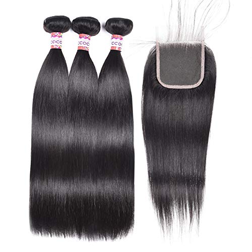XCCOCO 100% Unprocessed Peruvian Virgin Human Hair Bundles - 3 Bundles with Lace Closure (20+20+22+18 Inches) - 8A Grade Silky Straight Remy Hair Extensions for Black Women - Perfect for Daily Wear, Special Occasions & New Year Gifts