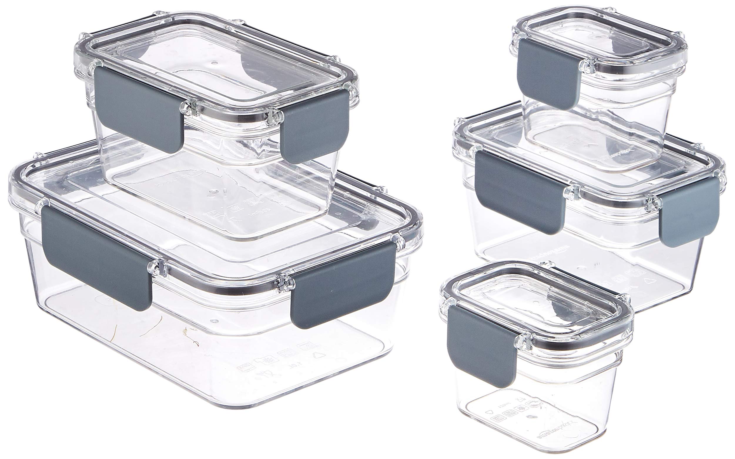 Amazon Basics 10-Piece Tritan Food Storage Containers with Lids - BPA-Free, Leak-Proof & Stackable for Meal Prep, Leftovers & Pantry Organization (5 Containers + 5 Lids) - Clear Plastic Kitchen Storage Solution
