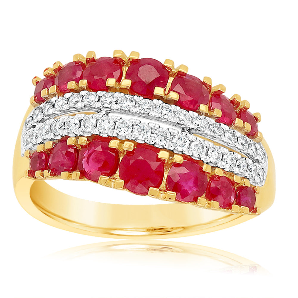 18ct Yellow & White Gold Diamond & Natural Ruby Ring for Women - Elegant Wedding, Engagement & Anniversary Jewelry Gift
