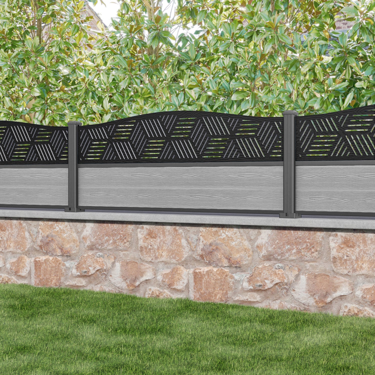 Classic Cubed Curved Top Fence Panel - Light Grey Aluminum Privacy Fence with Durable Posts | Perfect for Backyard, Garden & Poolside Security