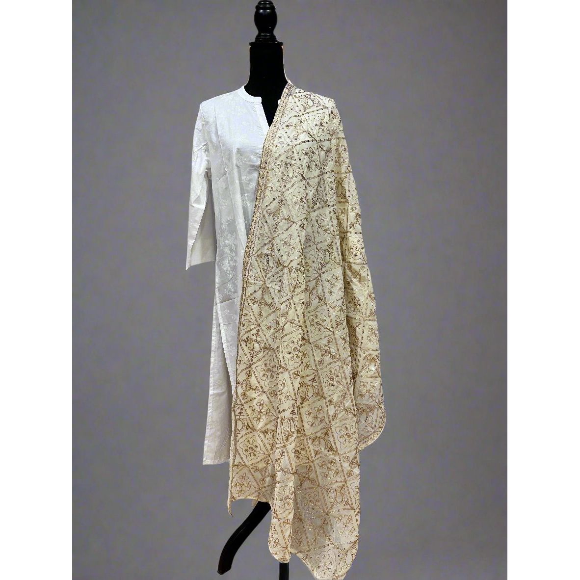 Elegant Cream and Gold Embroidered Dupatta Scarf - Perfect for Weddings, Parties, and Festive Occasions