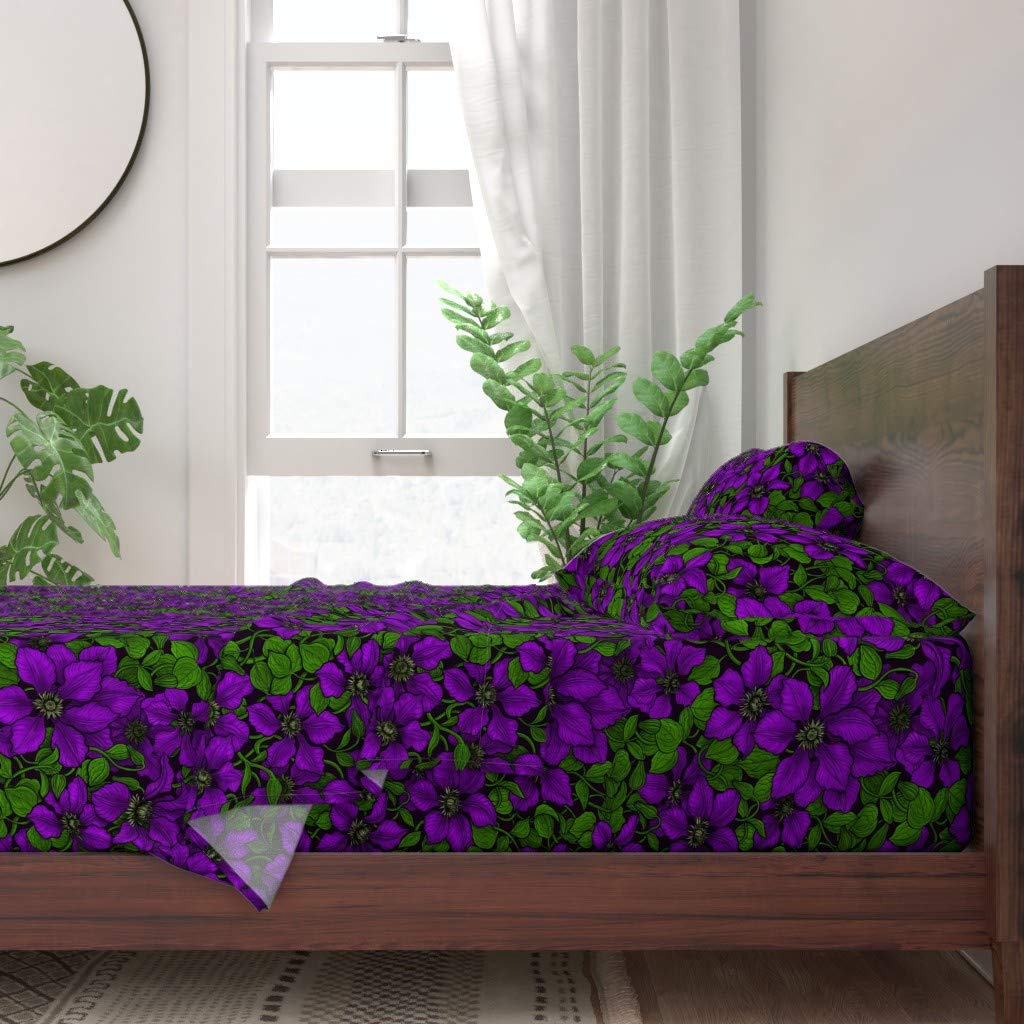 Premium 100% Cotton Twin 3-Piece Sheet Set | Vivid Dark Violet Purple Floral Botanical Print | Soft Breathable Bedding for Home Decor & Guest Rooms