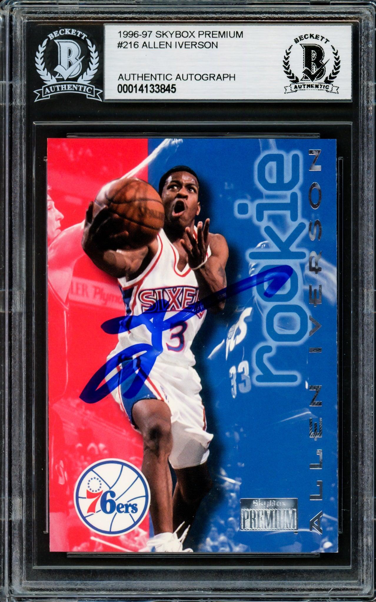 Allen Iverson Autographed 1996-97 Skybox Premium Rookie Basketball Card #216 - Philadelphia 76ers - Beckett BAS Certified #14133845 - Perfect for NBA Memorabilia Collectors and Sports Fans Display
