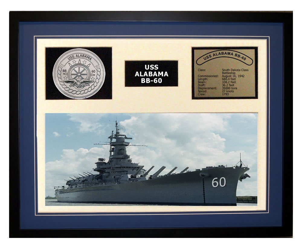 USS Alabama BB-60 Navy Ship Model Display - Framed Blue Military Decor for Home, Office & Gifts | Collectible Battleship Memorabilia