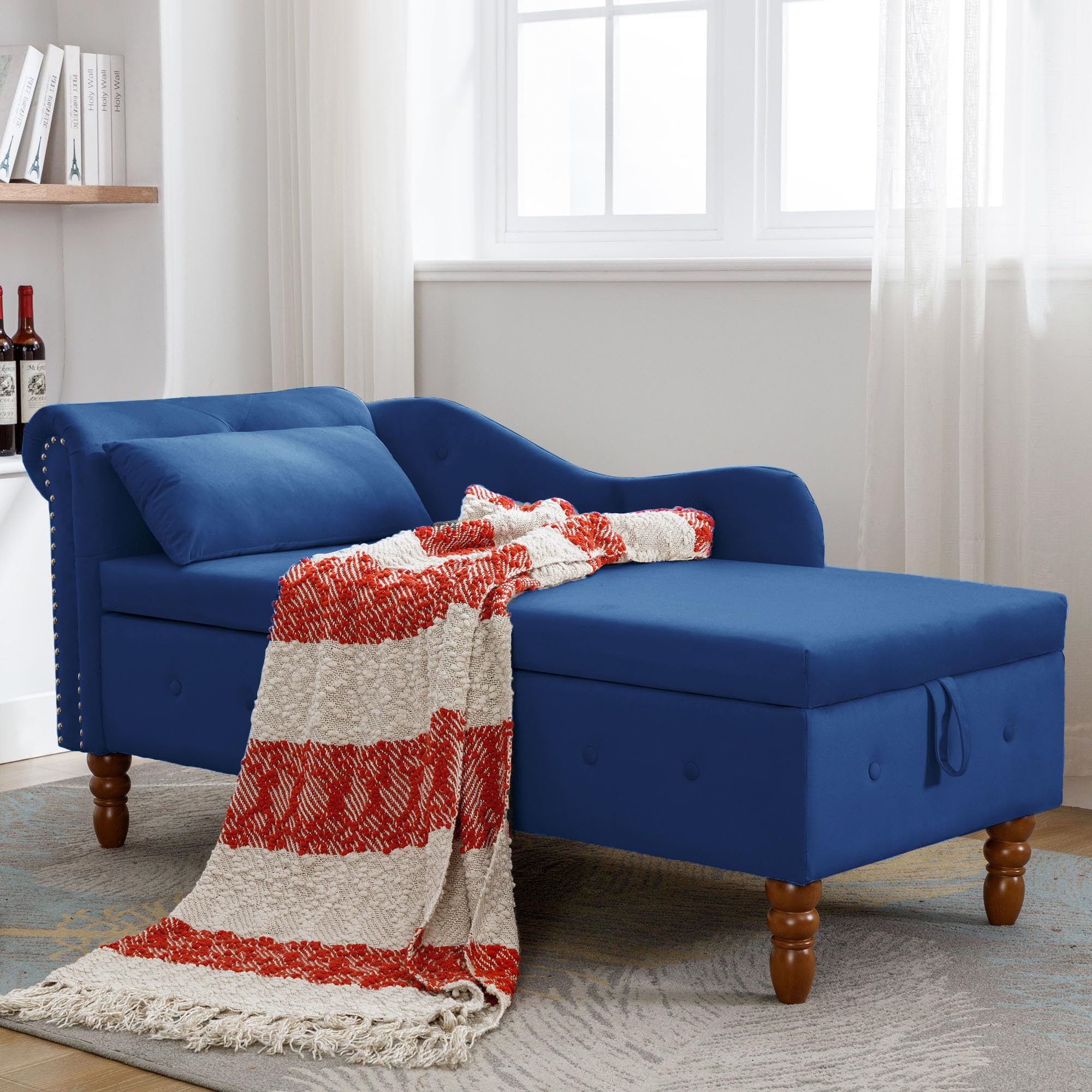 Polibi Velvet Chaise Lounge Chair with Storage & Pillow - Modern Upholstered Sofa Bed with Nailhead Trim - Navy Blue Lounge Chair for Bedroom, Living Room & Office - Perfect for Relaxing, Reading & Napping