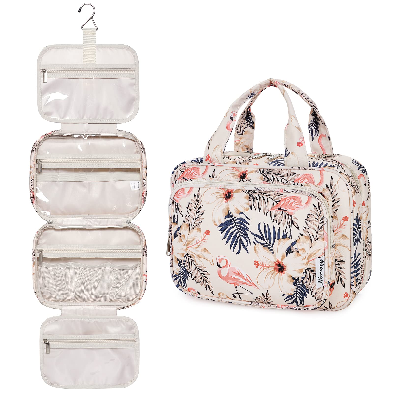 Narwey Hanging Travel Toiletry Bag for Women - Waterproof Makeup Organizer with Multiple Pockets for Cosmetics, Skincare & Essentials (Beige Bird, Medium) | Perfect for Airplane Carry-on, Camping & Gym Use