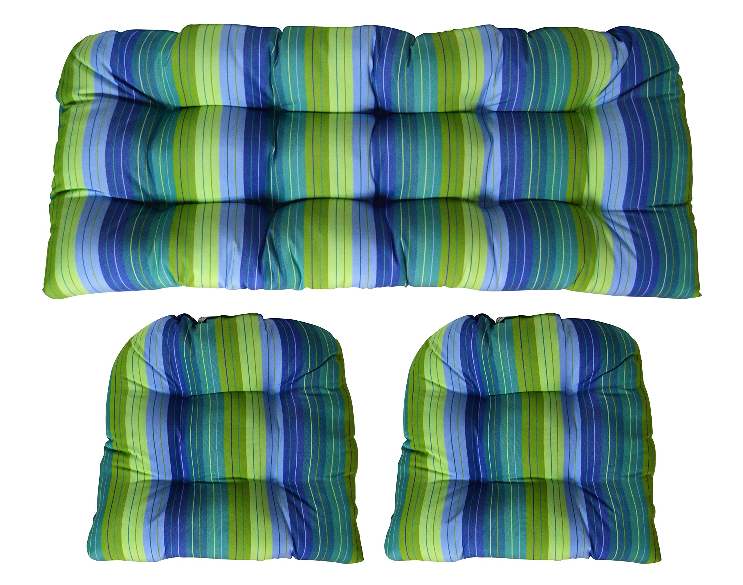RSH DECOR Sunbrella® Seville Seaside 3-Piece Wicker Cushion Set - Indoor/Outdoor Loveseat & 2 Chair Cushions in Periwinkle Blue, Turquoise & Olive Green Stripes - Perfect for Patio, Deck, Poolside & Garden Furniture