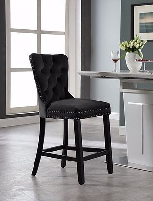Luxury Black Velvet Plush Cushioned Bar Stools Set of 2 - Soft Padded Counter Height Stools for Kitchen Island, Breakfast Bar & Home Decor