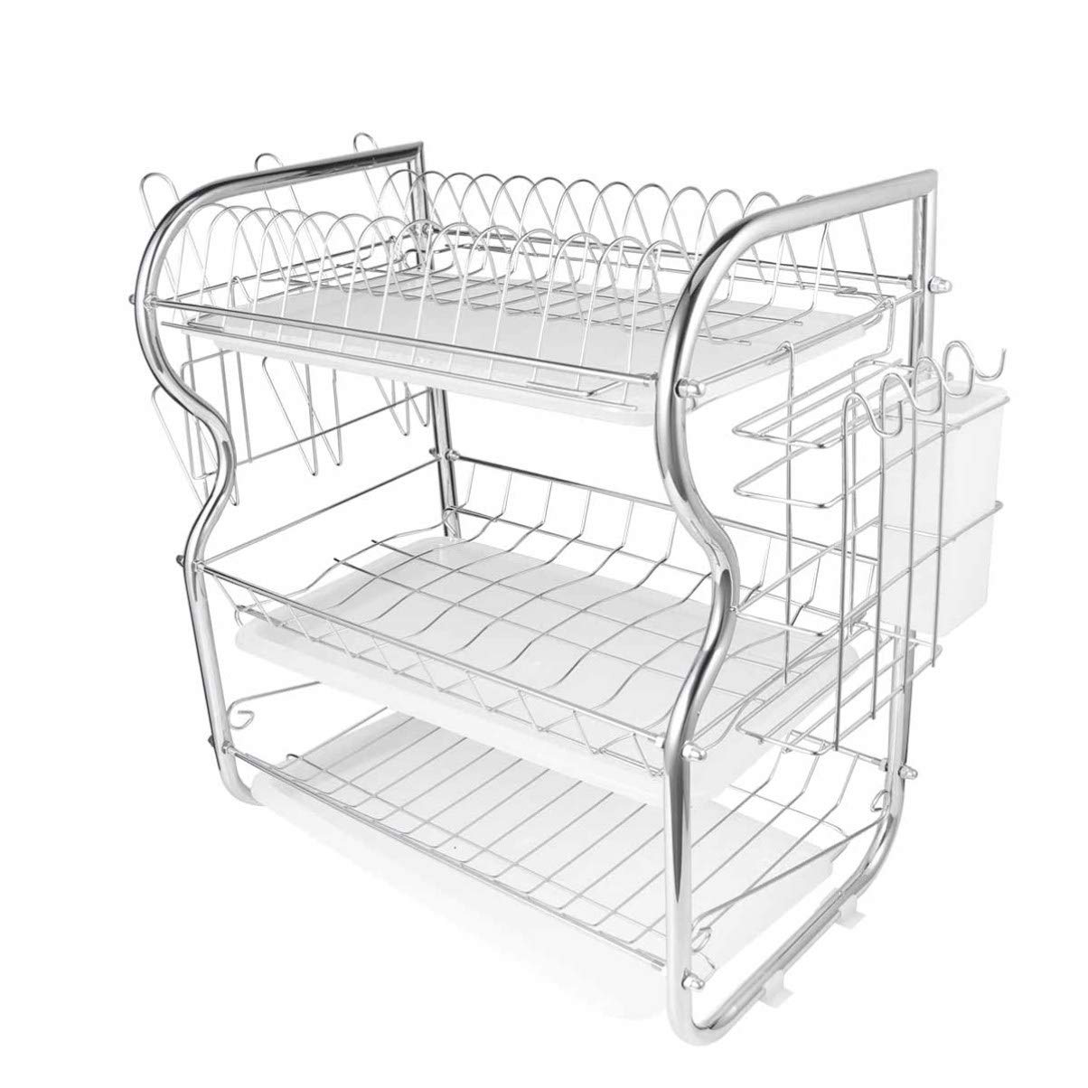 UPKOCH 3-Tier Stainless Steel Dish Drying Rack with Utensil Holder - Space Saving Kitchen Organizer for Plates, Bowls, Cups & Cutlery - Perfect for Home, Restaurant & Small Kitchen Countertop Storage