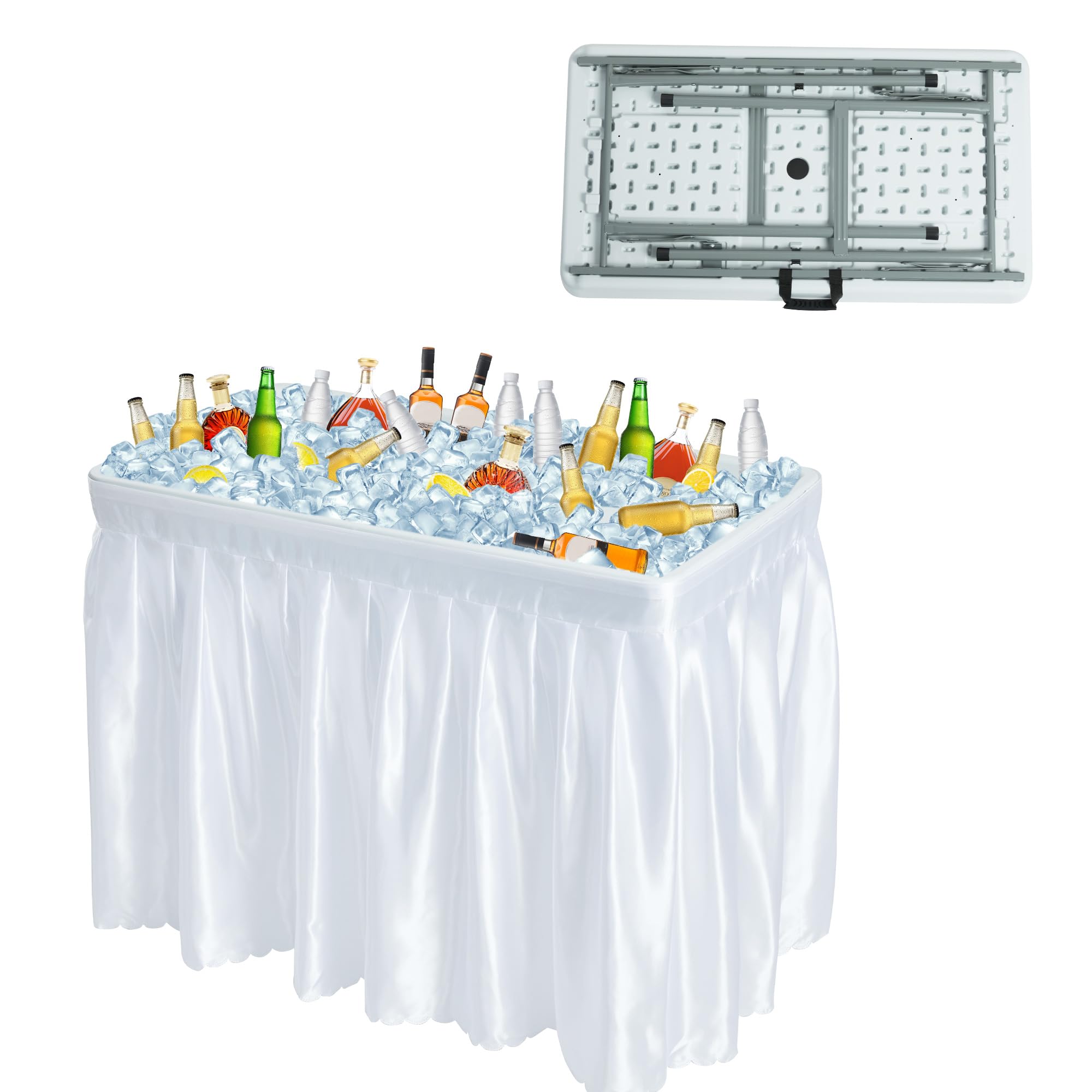 Portable Outdoor Ice Cooler Folding Table with Removable Skirt & Drain - Large Sink Camping Table for BBQ, Party, Wedding, Picnic & Beach Events - White