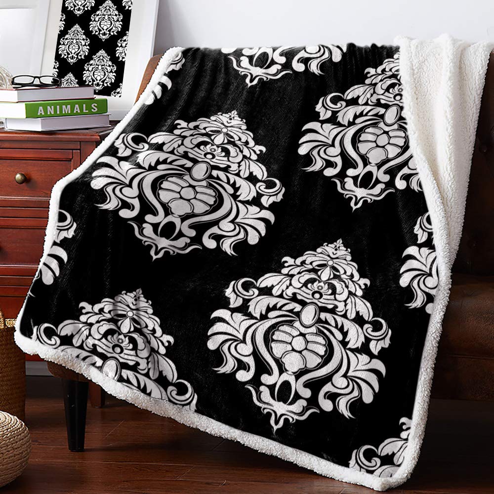 T&H XHome Sherpa Throw Blanket - Classic European Black Pattern Thermal Fuzzy Blanket | Luxury Cozy Soft Warm Microfiber Blanket for Adults & Babies | All-Season Use for Winter, Spring, Summer, Fall | Perfect for Sofa, Bed, Office & Travel | 50x60 Inches